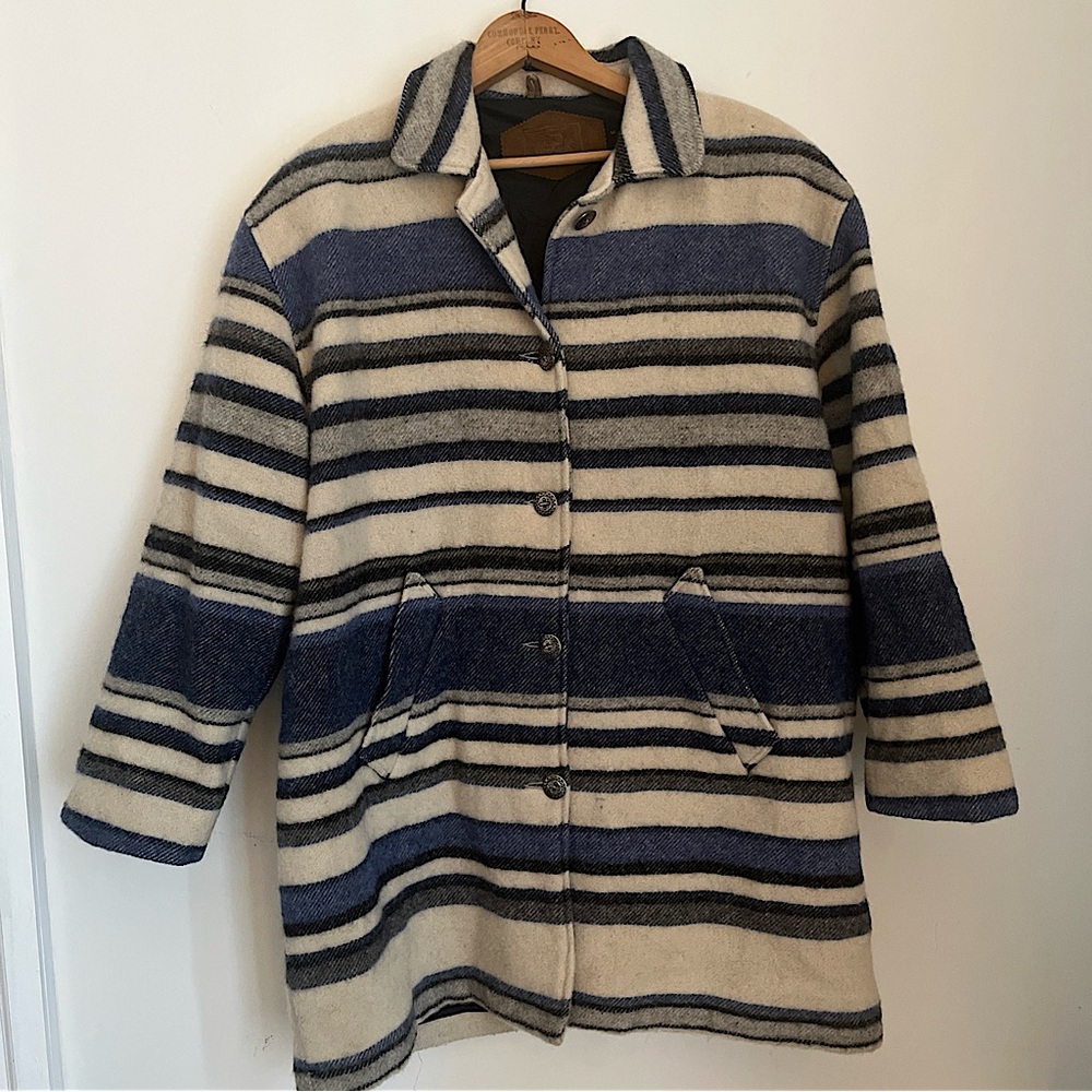 Vintage Woolrich Wool Mohair Striped Metal Button Coat Womens Medium Made in USA